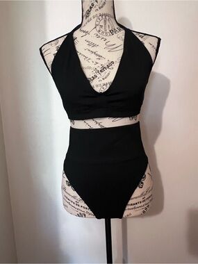 PINK Victoria's Secret Black Ribbed High Waisted Bikini Set Halter Small